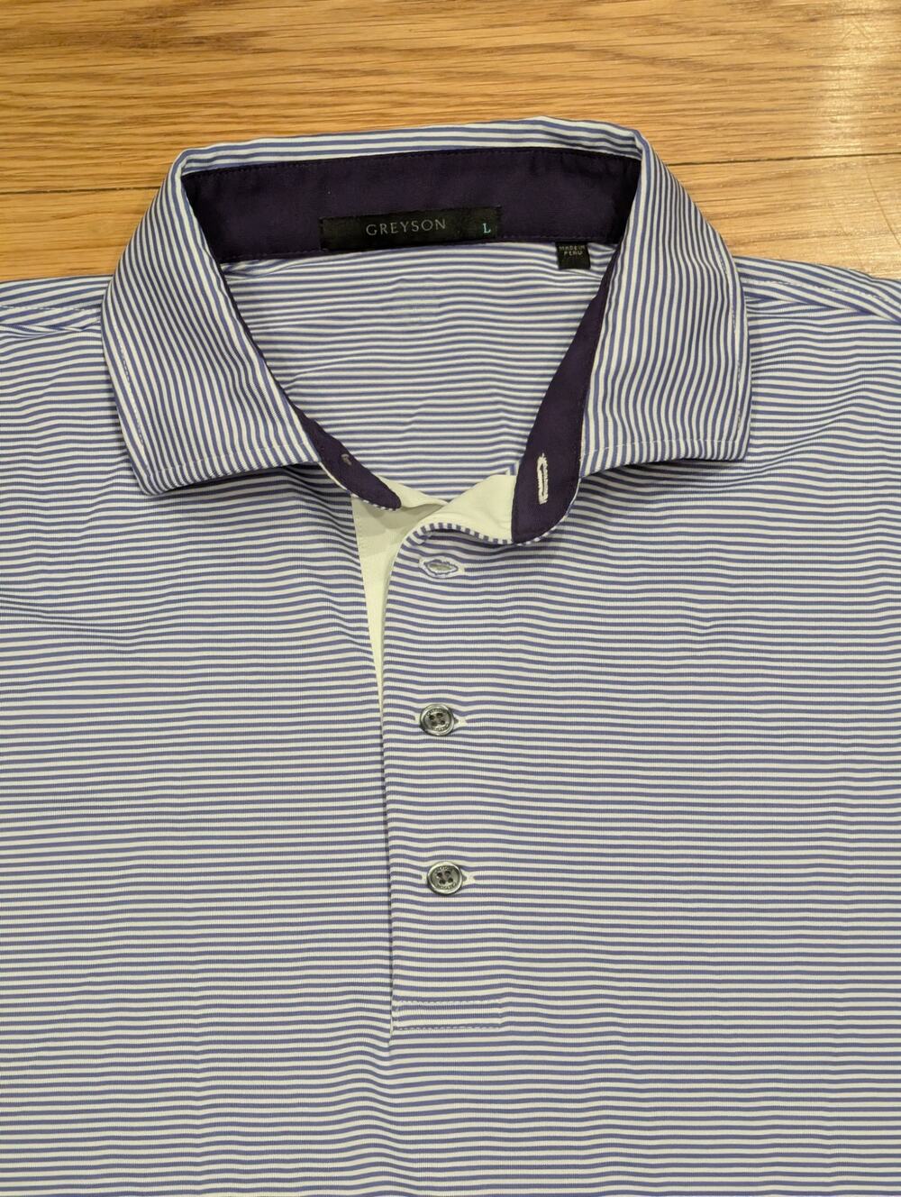 Greyson Men’s Large Purple White Striped Performance Golf Polo